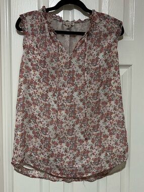 Floral Tie-Neck Sleeveless Ruffle Top in Pink and Cream